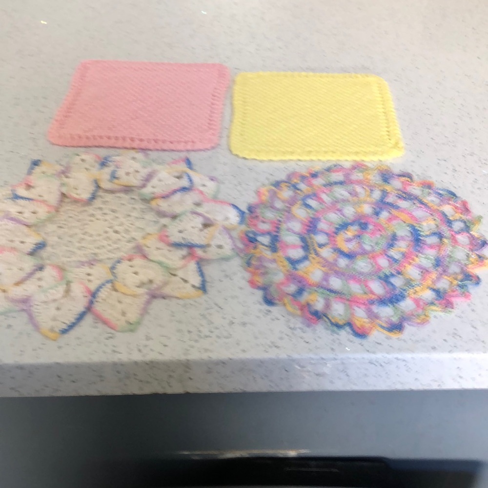 4 vintage crocheted 2 dollies 2 pot holders pink, yellow & blue